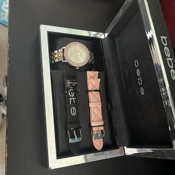 Bebe Rose Gold Rhinestone Watch  Gift Set with 2 Watch Bands - Picture 4 of 5